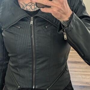 Guess Black Leather Moto Jacket with Zip Details